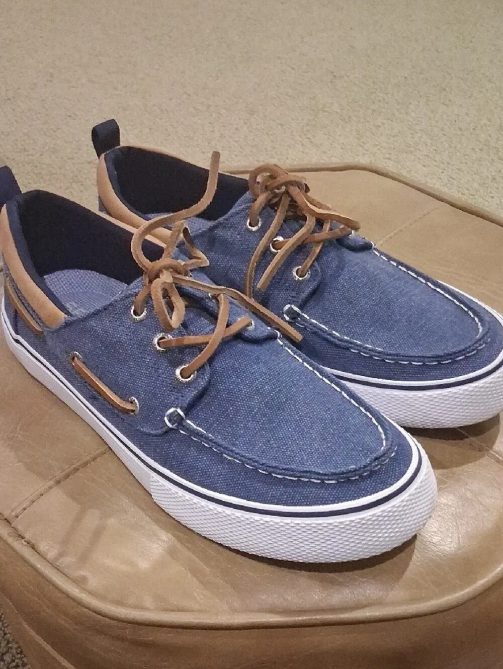 Sperry Navy Canvas Boat Shoes with Tan Leather Trim